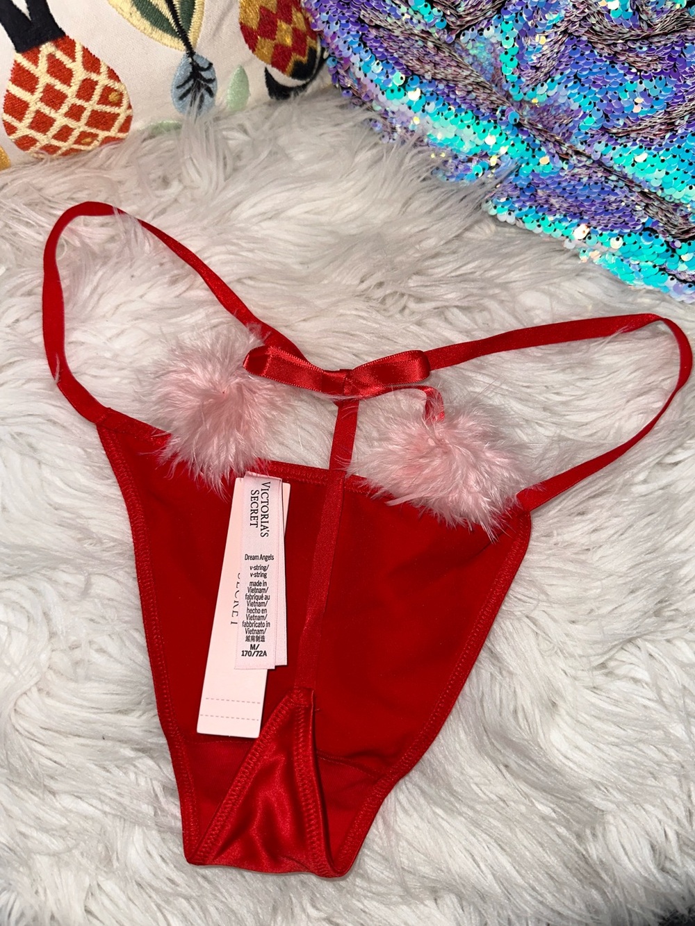 VS • Dream Angels Red Satin Feel Feather Pom Pom V-String Thong Panty